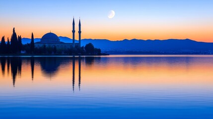 Serene Twilight Over Calm Lake with Mosque Silhouette, Majestic Mountains and Crescent Moon in the Background Illuminating Tranquil Waters