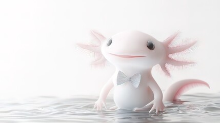 Cute cartoon axolotl wearing a bow tie sits in water.