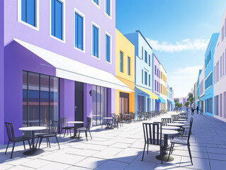 Fototapeta premium Bustling Street Café with Pastel-Hued Walls and Outdoor Seating