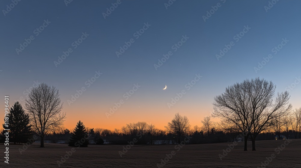 Poster serene winter twilight landscape with crescent moon and bare trees against a gradient sky in a tranq