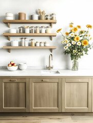 Modern kitchen interior design; light wood cabinets, quartz countertop, shelves with pantry items, flowers; bright, clean aesthetic for home decor blogs or magazines