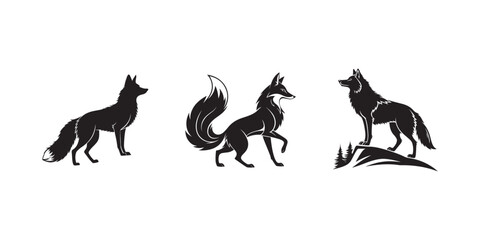 Silhouette of three foxes in different poses, one standing on a hill, one walking, and one with a bushy tail, perfect for wildlife and nature-themed designs