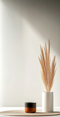 Minimalist decor featuring dried grass in a vase on a light background
