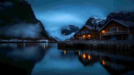 Fototapeta premium Picturesque Night View of a Norwegian Village Nestled Among Majestic Mountains