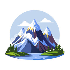 A flat illustration of a snow mountain range with a serene lake in the foreground