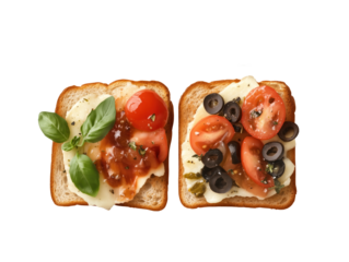 Mouthwatering Open-Faced Sandwiches Topped with a Variety of Ingredients, Perfectly Displayed on a Transparent Background to Highlight Your Culinary Creativity!
