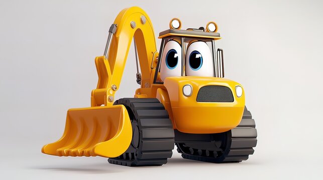 Cute cartoon excavator with large eyes and bucket.