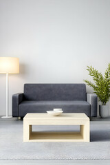 Modern living room interior design; grey sofa, cream coffee table, floor lamp, plant. Ideal for home decor websites and magazines