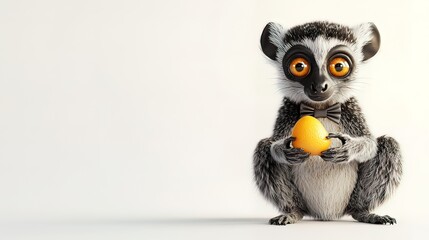 Cute cartoon lemur in bow tie holding yellow egg on white background.