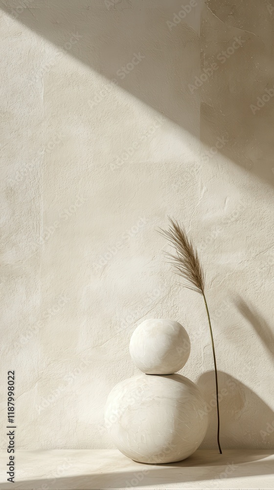 Poster abstract product display featuring minimalist shapes and natural elements in studio environment