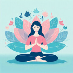 Young happy woman doing yoga, meditating in lotus pose on flower background. Flat cartoon illustration.