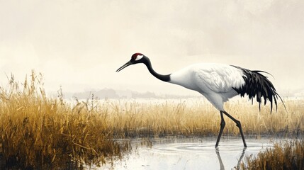 Fototapeta premium A black-necked crane gracefully wading through a high-altitude wetland, its elegant movements mesmerizing.