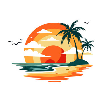 A flat illustration of a stunning sea sunset over a tropical beach,