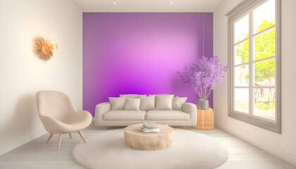 Modern living room interior design with purple accent wall, beige sofa, armchair, coffee table, and potted plant near window. Ideal for home decor websites or magazines