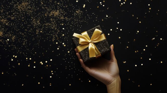 A black and gold holiday theme featuring a hand holding a gift box wrapped in yellow satin ribbon, with sequins scattered on a black backdrop.