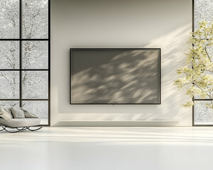 Modern living room with large window, snowy winter view, TV screen displaying shadow patterns, minimalist design for interior design inspiration