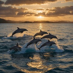Fototapeta premium A pod of dolphins leaping near an island at sunset, their forms outlined by the golden light.