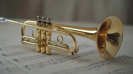 Naklejka premium Shiny Brass Trumpet Against a Backdrop of Music Sheets