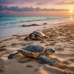 Sea turtles crawling onto the sandy beach of an island as the sunset colors the sky with soft...