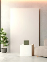 Modern minimalist apartment interior, showcasing a large blank canvas for art or advertising, with a plant and sofa in the background