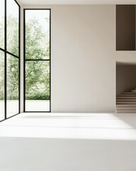 Obraz premium Modern minimalist interior with large windows and natural light in a serene setting