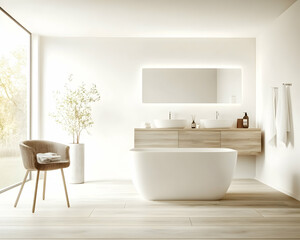 Fototapeta premium Modern minimalist bathroom design, featuring a freestanding bathtub, double vanity, and large window overlooking nature; ideal for home decor or real estate listings