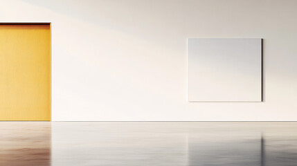 Minimalist interior design featuring a plain white canvas and a yellow door