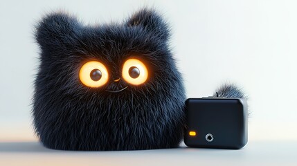 Fototapeta premium Cute fluffy black cat character with a small black box.
