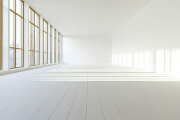 Obraz premium Bright and spacious empty room with large windows and soft light on wooden floor