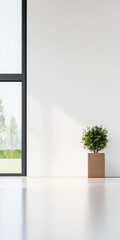 Modern interior with a plant by floor-to-ceiling windows showcasing natural light