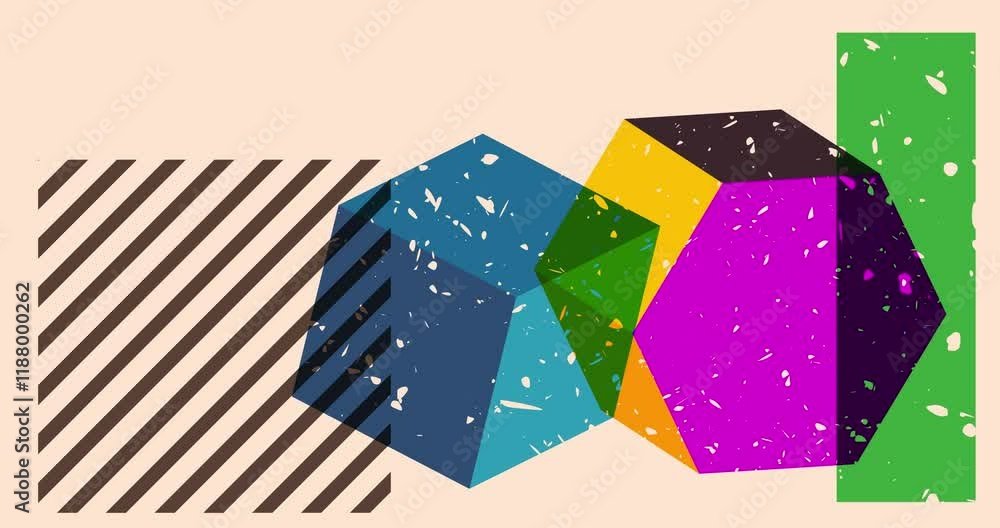 Poster risograph style object shapes. geometry elements abstract texture. big colorful geometric animation.