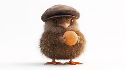 Cute fluffy chick wearing a cap holds an egg.