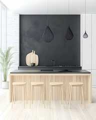 Modern minimalist kitchen island with wooden stools, black wall, and natural light. Ideal for home design blogs or real estate listings