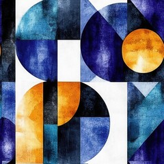 Seamless pattern of Abstract Watercolor Geometry: A captivating interplay of circles and geometric shapes in deep blues, rich oranges, and subtle hints of teal, watercolor style 