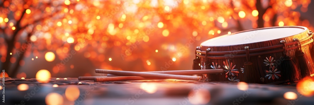 Poster vibrant autumn scene with close-up of a snare drum surrounded by soft bokeh lights capturing a warm 