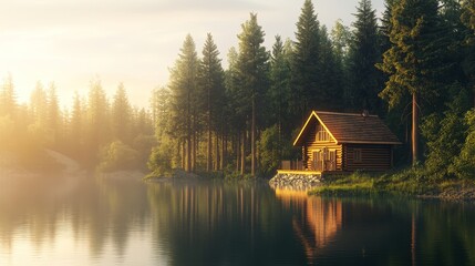 Fototapeta premium Tranquil log cabin at sunrise by a lake in forested landscape