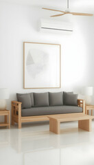 Modern minimalist living room with wooden sofa, artwork, and ceiling fan; serene atmosphere, ideal for interior design blogs and home decor websites