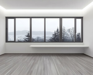 Modern minimalist room with large window showcasing winter mountain landscape; ideal for real estate or interior design