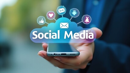 Person holding smartphone displaying social media cloud