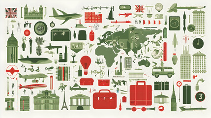 Global travel, transportation, and technology infographic illustration, showcasing landmarks and military assets on a world map background, for educational use