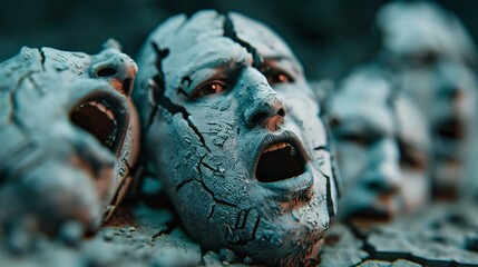 A collection of cracked, pale faces emerging from a textured surface, expressing anguish and despair in a surreal and haunting scene.
