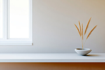 Simple decor with dried grass in a bowl on a white shelf beside a bright window