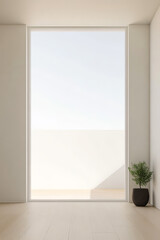 Bright and minimal interior with large window and plant in contemporary space