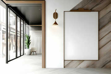 Modern shop interior with blank sign, wooden wall, and city view. Perfect for advertising or design mockups