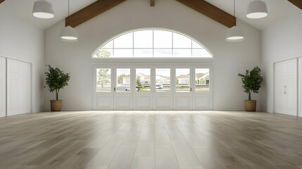 Fototapeta premium Modern spacious white room with arched window, wooden beams, and hardwood floor, overlooking suburban houses; ideal for real estate listings
