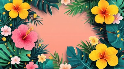 Fototapeta premium Tropical floral frame on coral background for text or design.