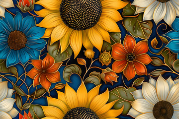 Illustration of Sunflowers, Floral Background, and Colorful Petals