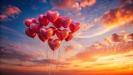 Fototapeta premium Heart-shaped balloons floating in a pink and red sky at sunset, love, valentines day, love