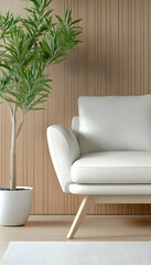 Fototapeta premium Modern white sofa in minimalist living room with wooden wall and plant. Ideal for interior design websites or home decor magazines