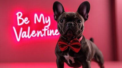 valentine day French bulldog standing on a plain pink background, wearing a shiny red bowtie. Behind the dog, the phrase "Be My Valentine" is written in a whimsical pink neon font